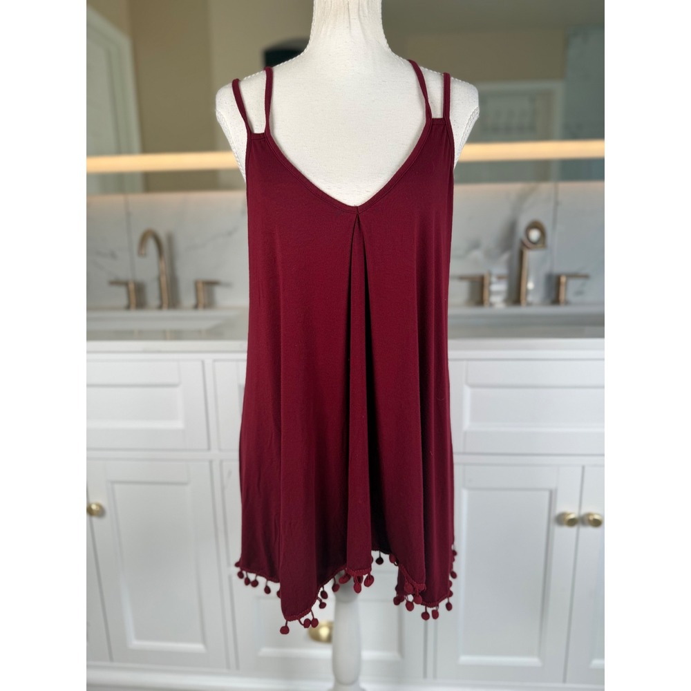 Zeagoo Tunic Top Womens M Burgundy Strappy V Neck Pom Pom Trim Boho Swing